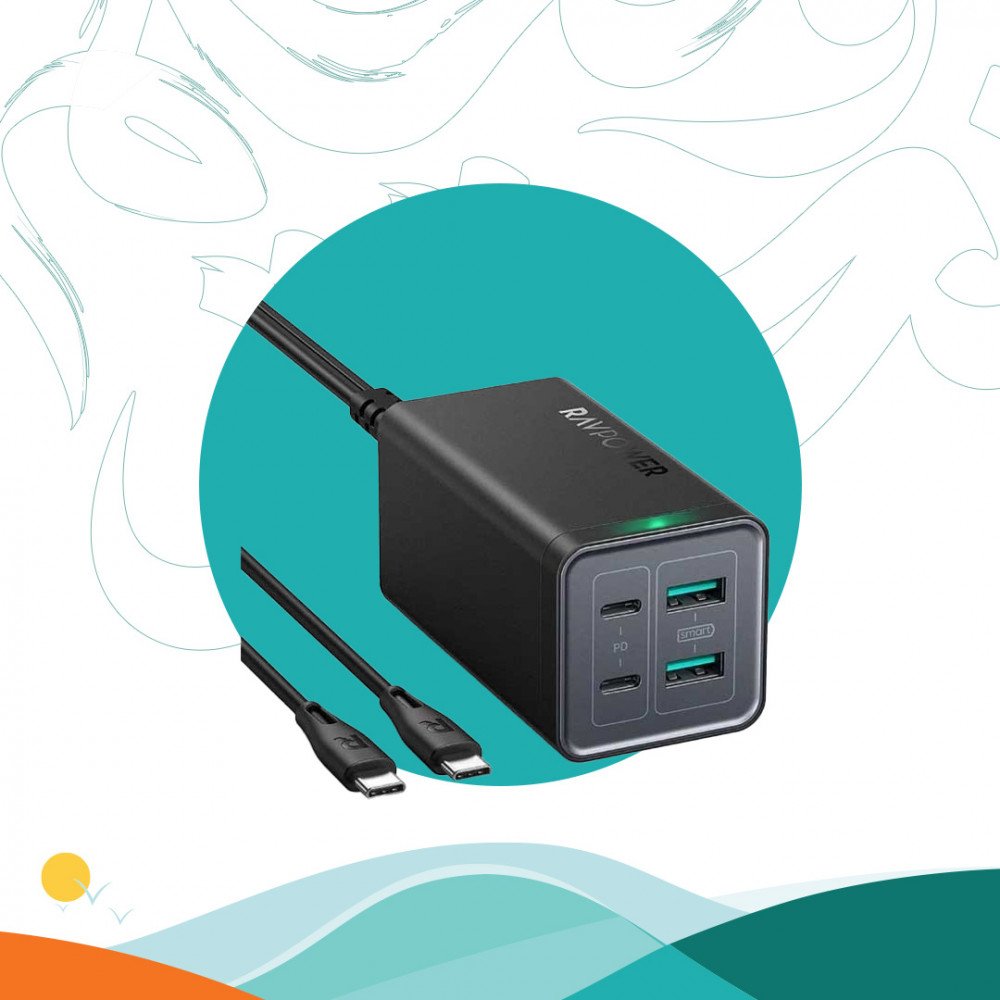 منصة شحن راف باور بقوة 120 واط بمنفذين USB ومنفذين تايب سي مع كيبل تايب سي تايب سي